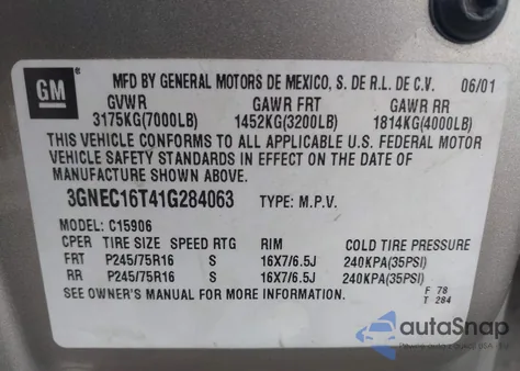 2001 Chevrolet Suburban 1500 Ls from USA, damaged, VIN 3GNEC16T41G284063